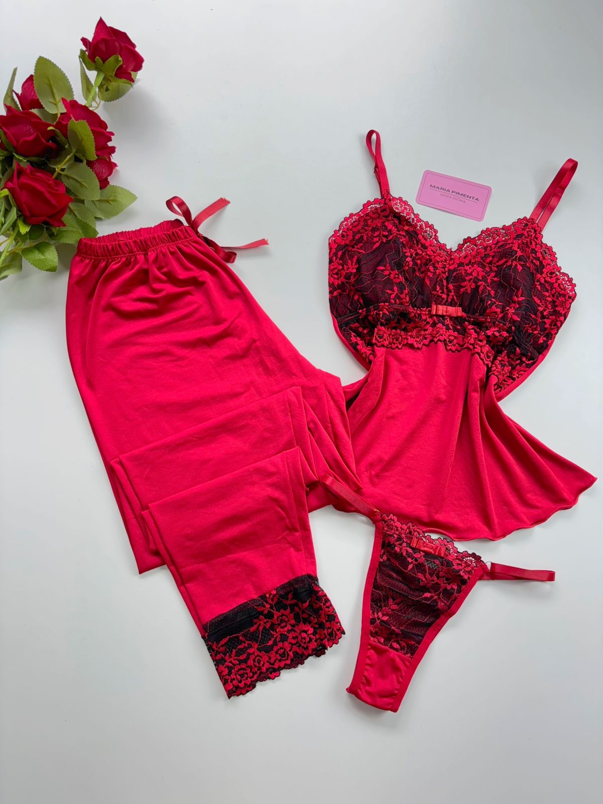 PIJAMA LUXO COM CALCINHA FIO DE REGULAGEM VERMELHO/PRETO