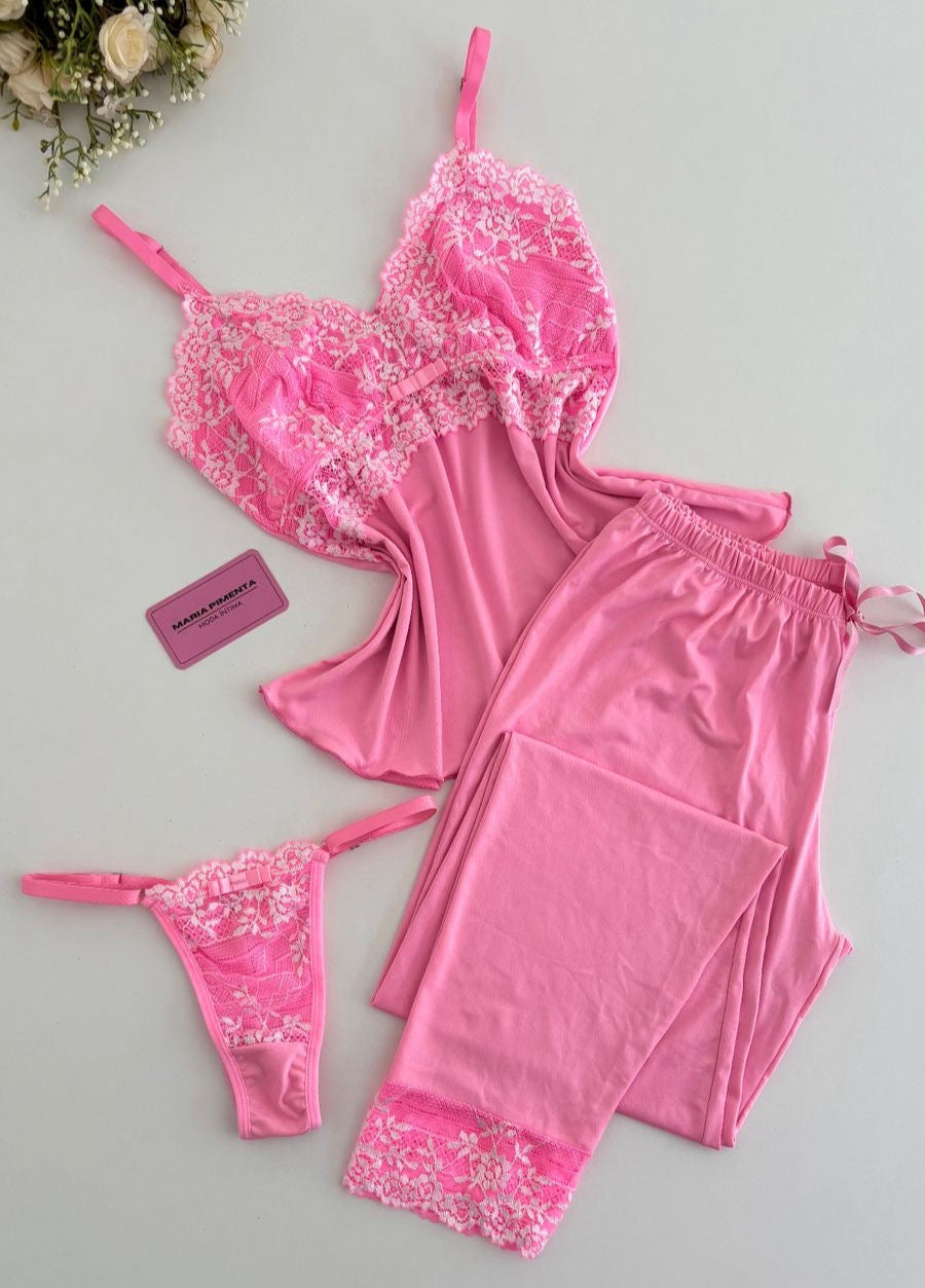 PIJAMA LUXO COM CALCINHA FIO DE REGULAGEM ROSA/BRANCO