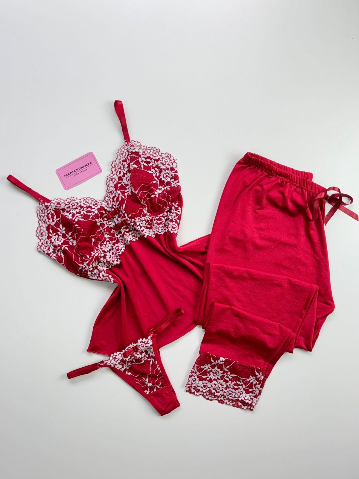 PIJAMA LUXO COM CALCINHA FIO DE REGULAGEM VERMELHO/BRANCO