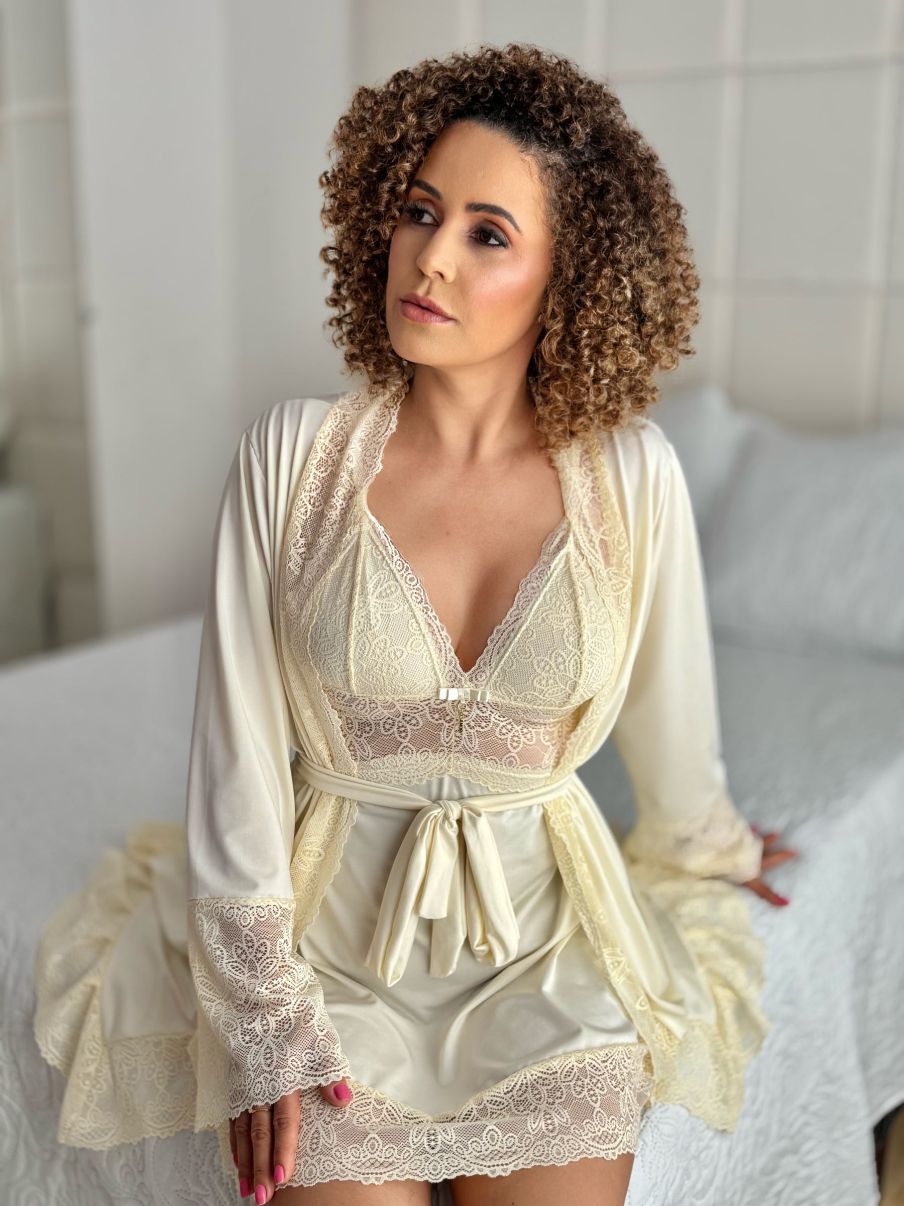 CONJUNTO ROBE CAMISOLA E CALCINHA MARFIM