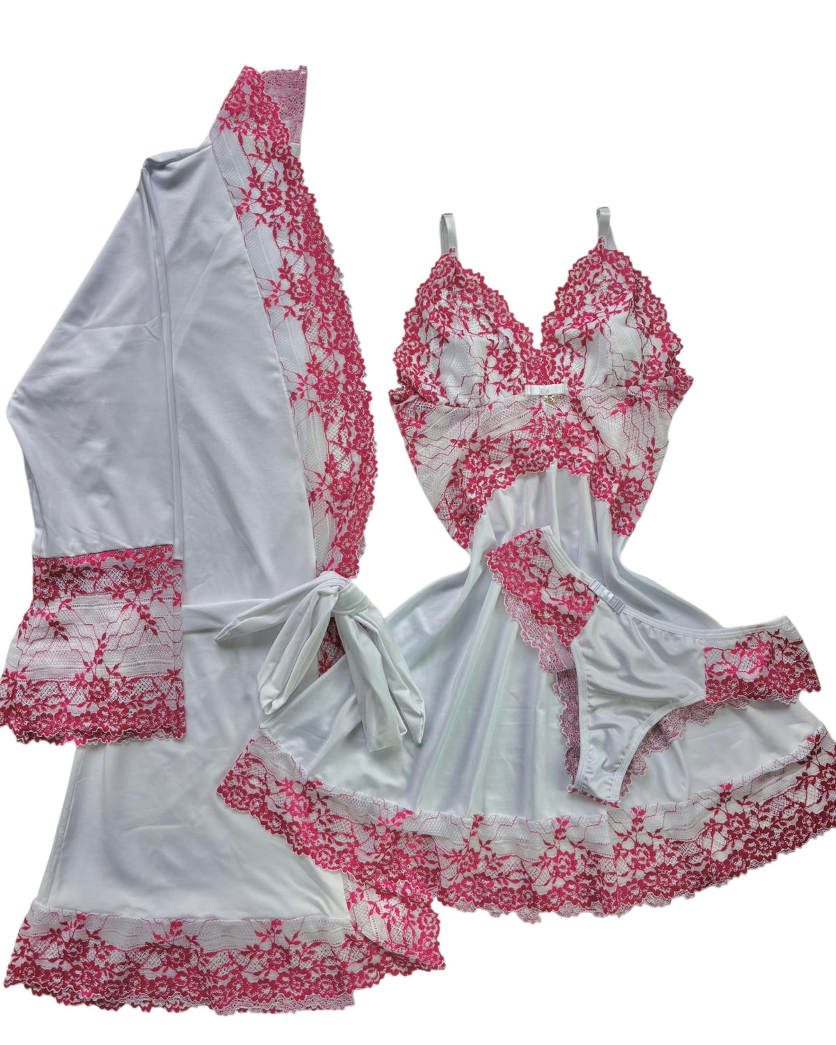 CONJUNTO ROBE CAMISOLA E CALCINHA BRANCO/PINK
