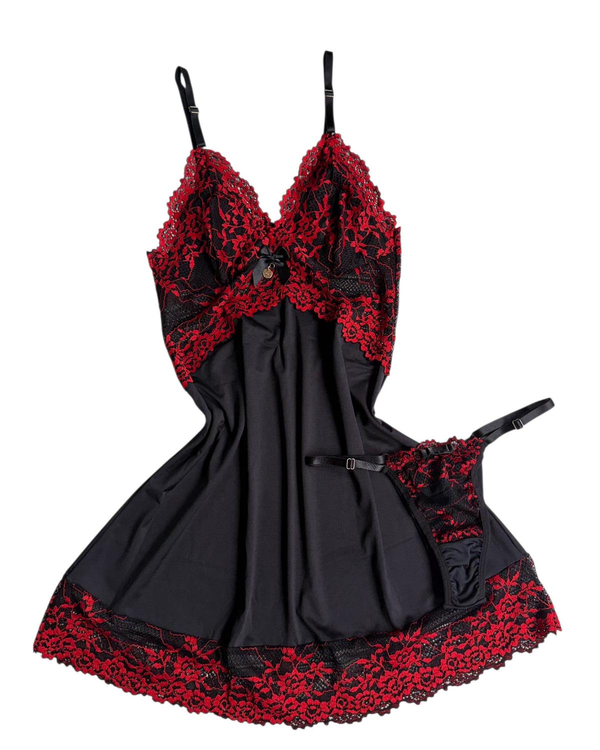CAMISOLA PRETO/VERMELHO COM CALCINHA FIO