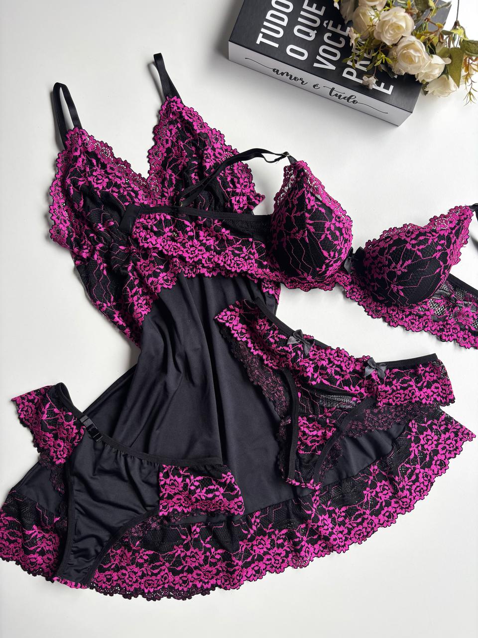 CAMISOLA LUXO E CONJUNTO DE LINGERIE PRETO/INVEJA