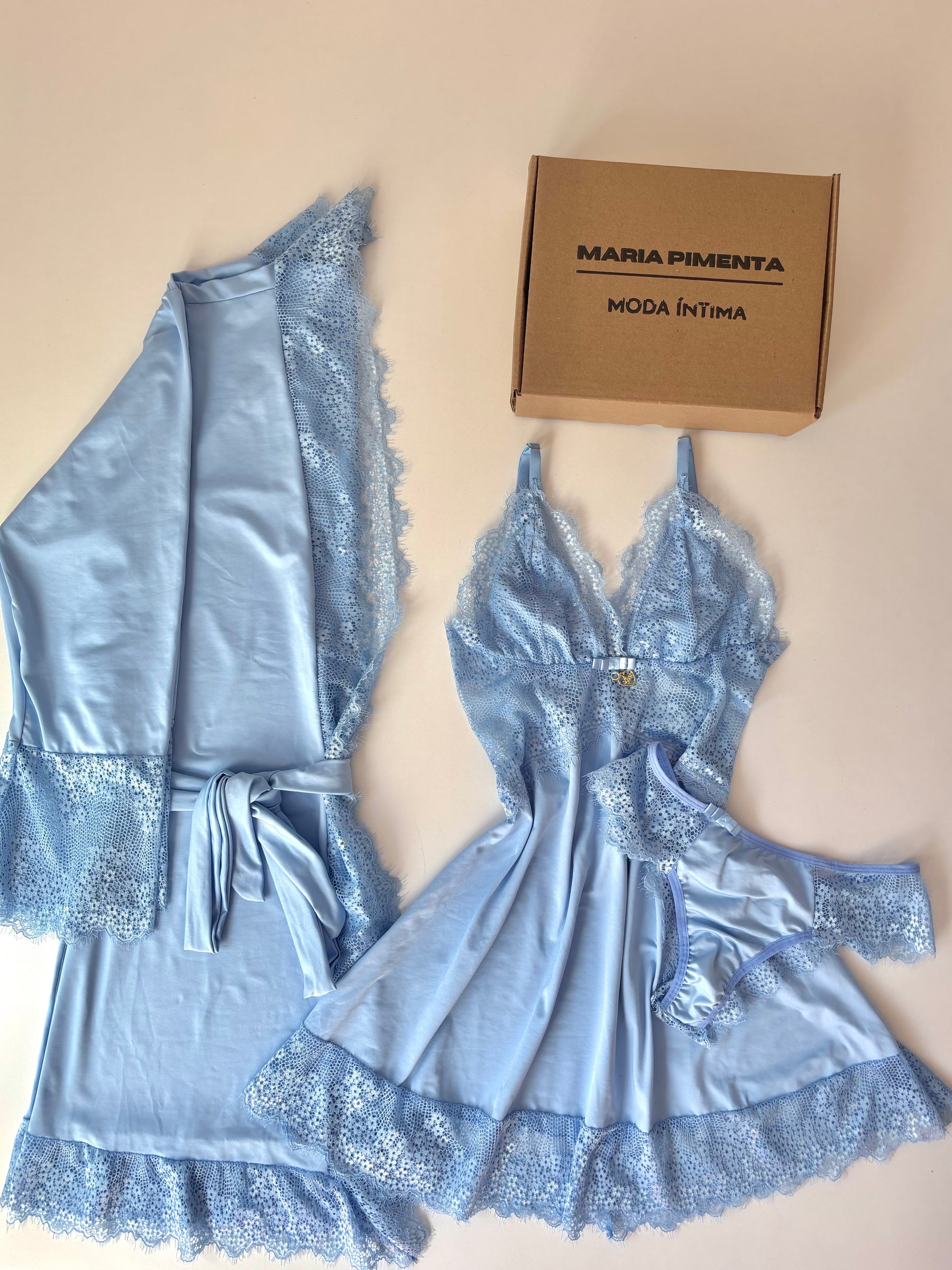 CONJUNTO ROBE CAMISOLA E CALCINHA AZUL