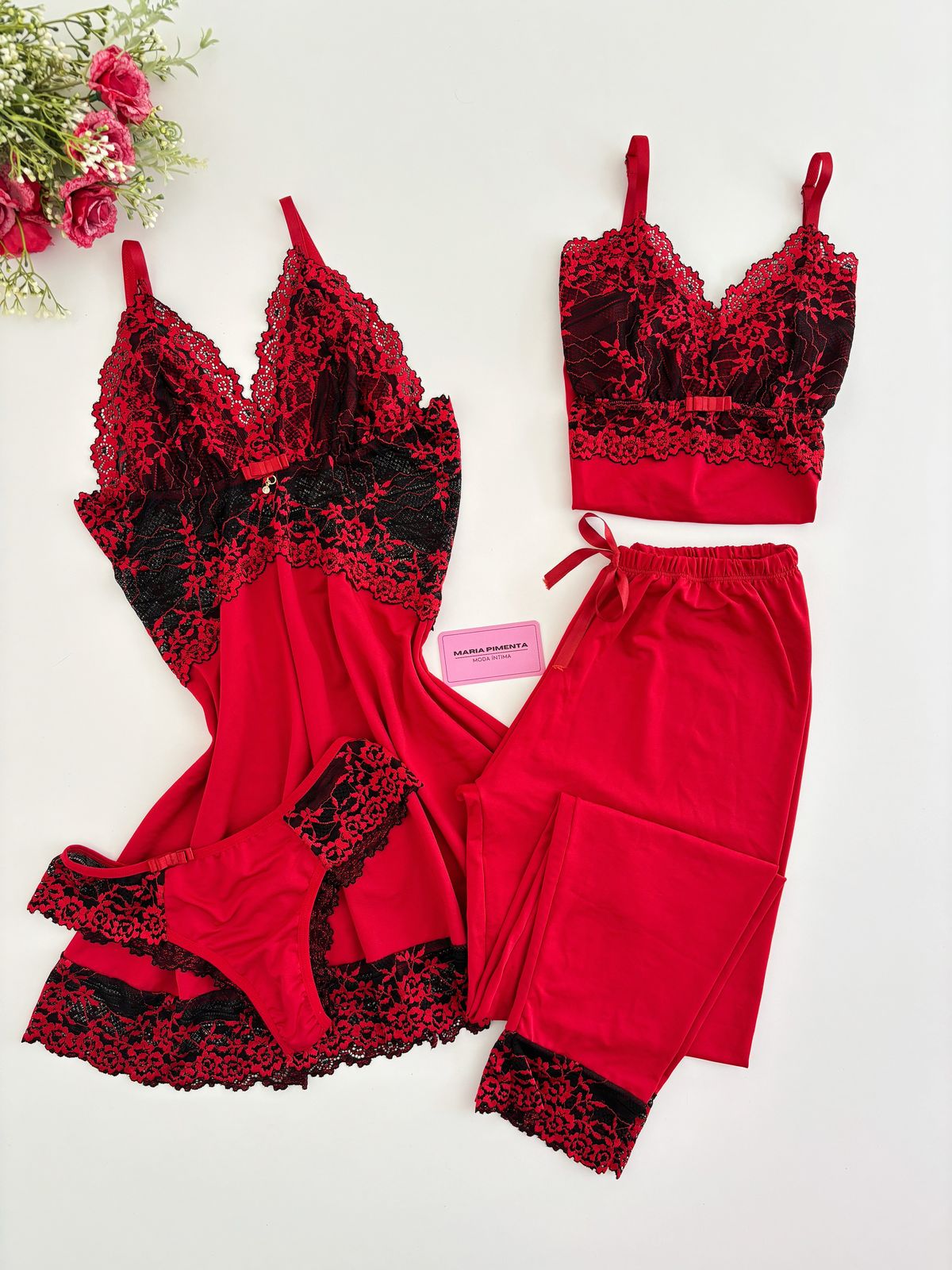 CONJUNTO CAMISOLA E PIJAMA VERMELHO/PRETO