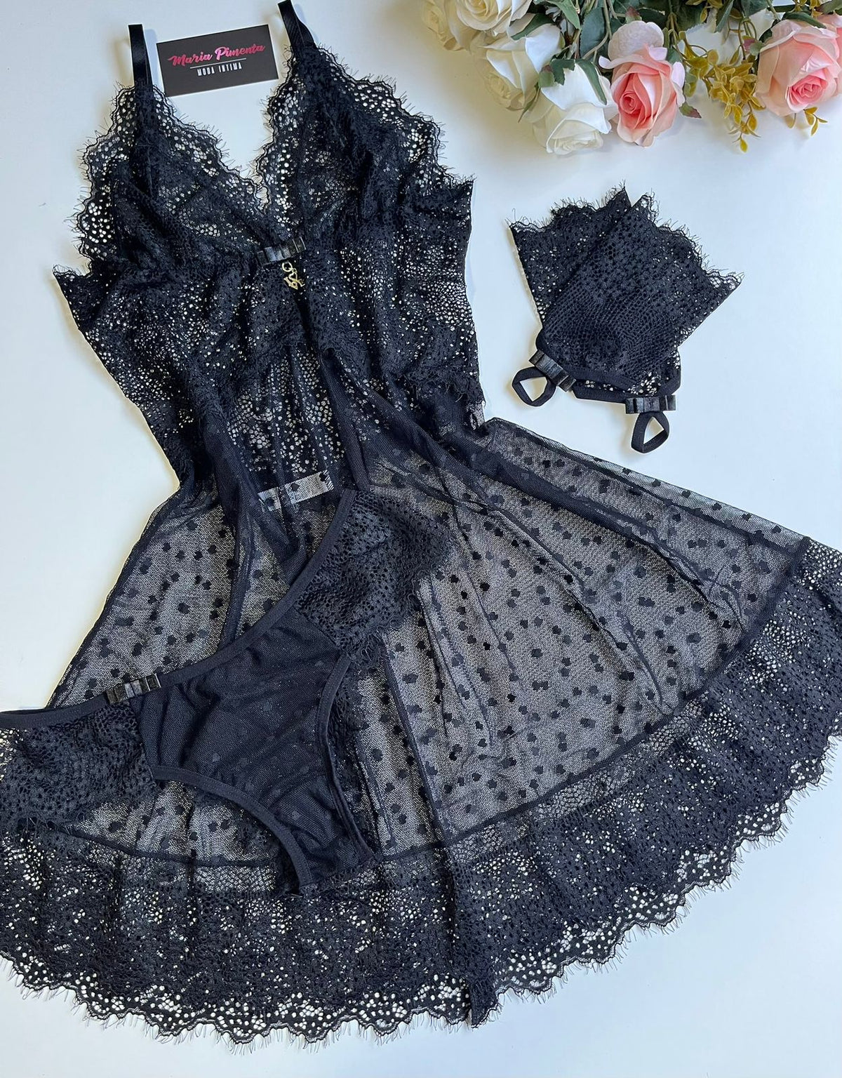 CAMISOLA CORAÇÕES EM TULE PRETO