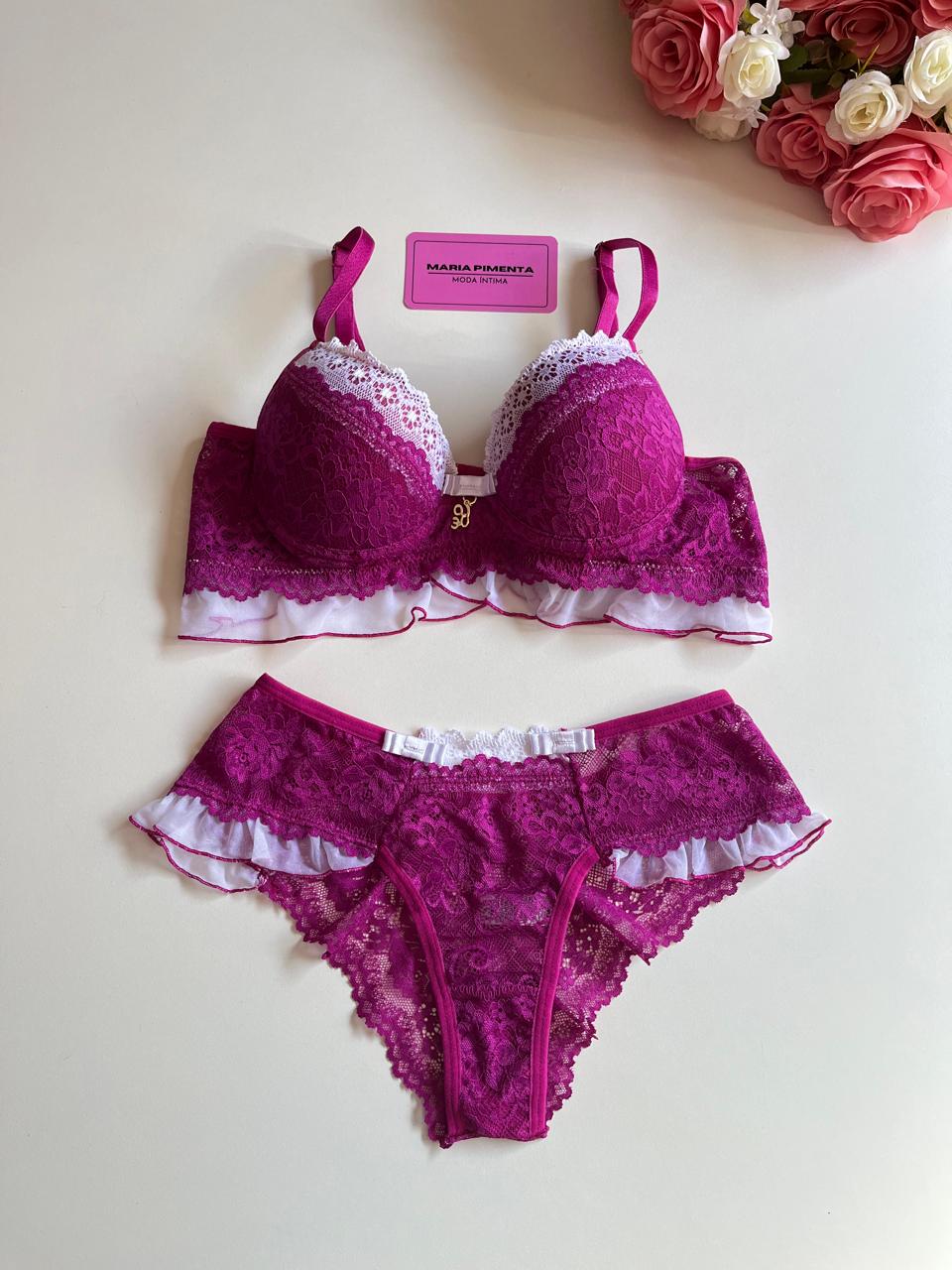 CONJUNTO DE LINGERIE BABADO FÚCSIA/BRANCO