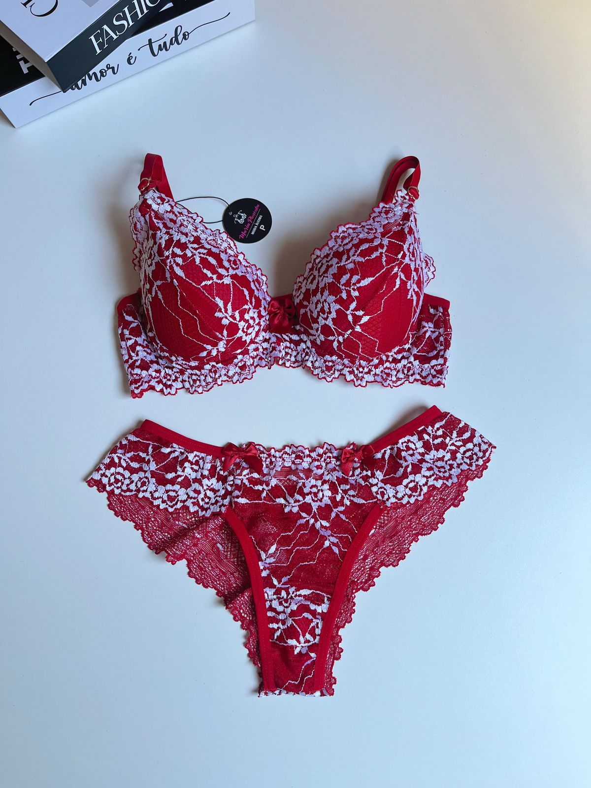 CONJUNTO RENDA BICOLOR VERMELHO/BRANCO
