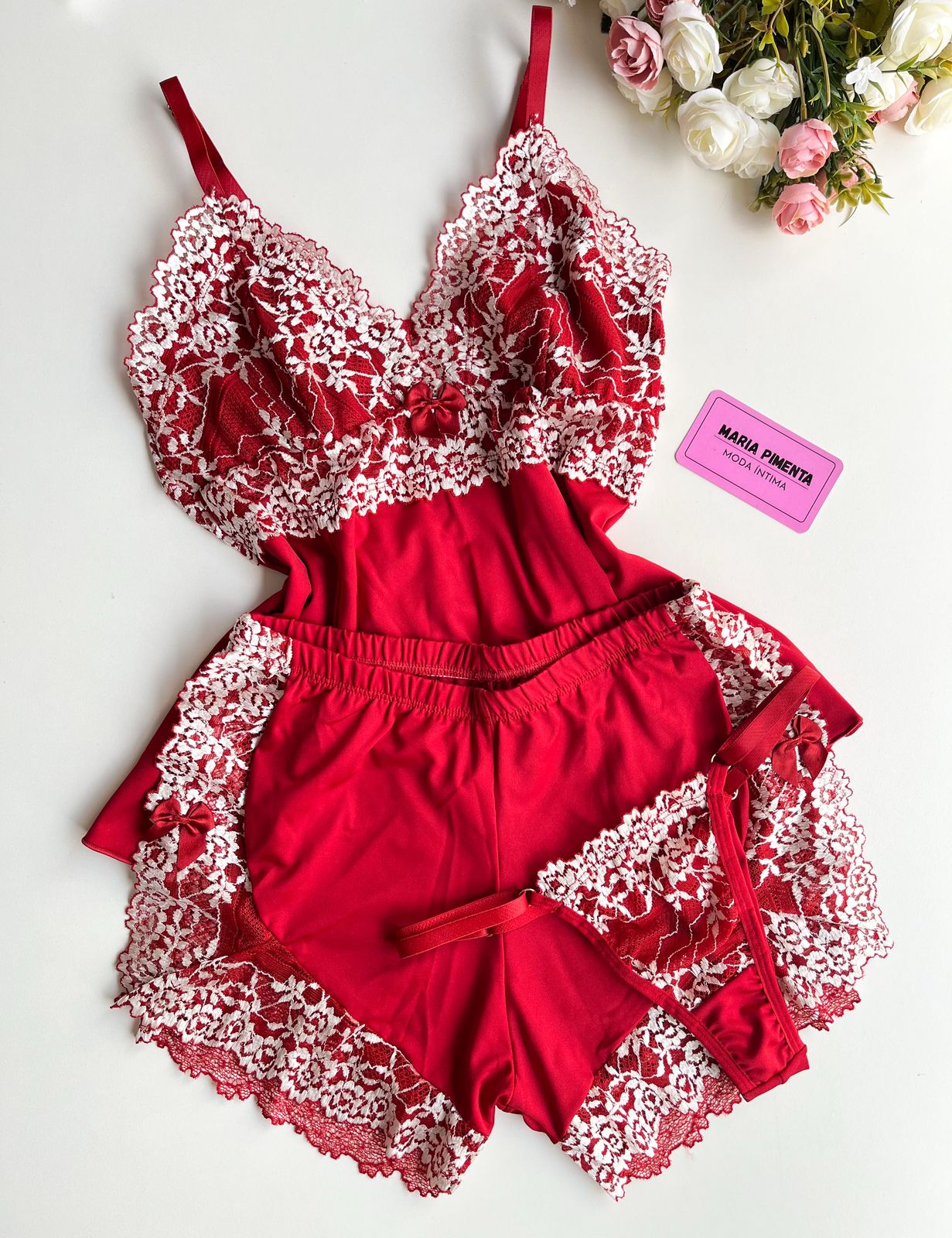 BABY DOLL COM CALCINHA FIO VERMELHO/BRANCO