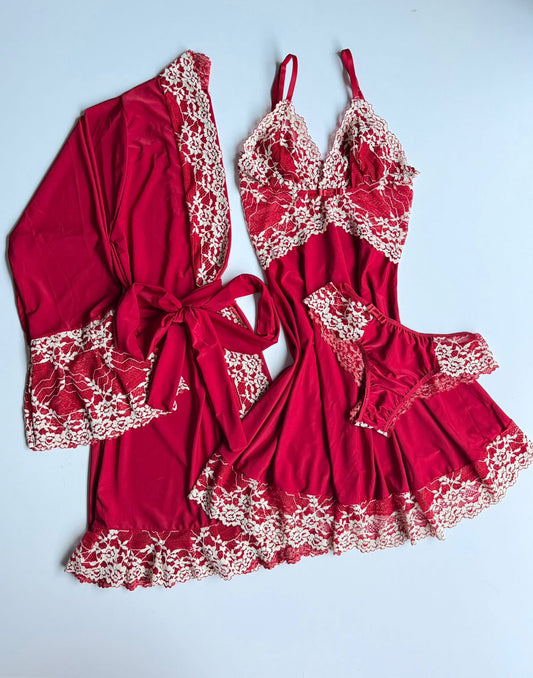 CONJUNTO ROBE E CAMISOLA VERMELHO/MARFIM