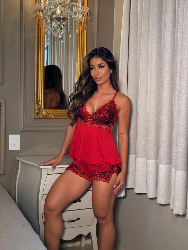 BABY DOLL COM CALCINHA FIO VERMELHO/PRETO