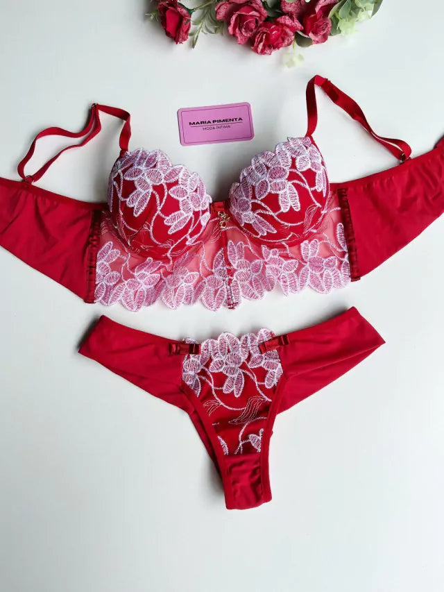 CONJUNTO DE LINGERIE CROPED VERMELHO/BRANCO