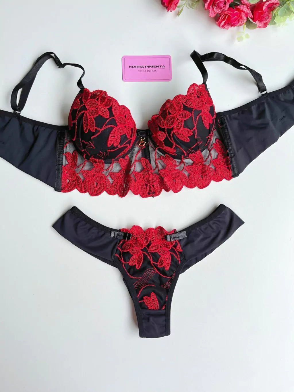 CONJUNTO DE LINGERIE CROPED PRETO/VERMELHO