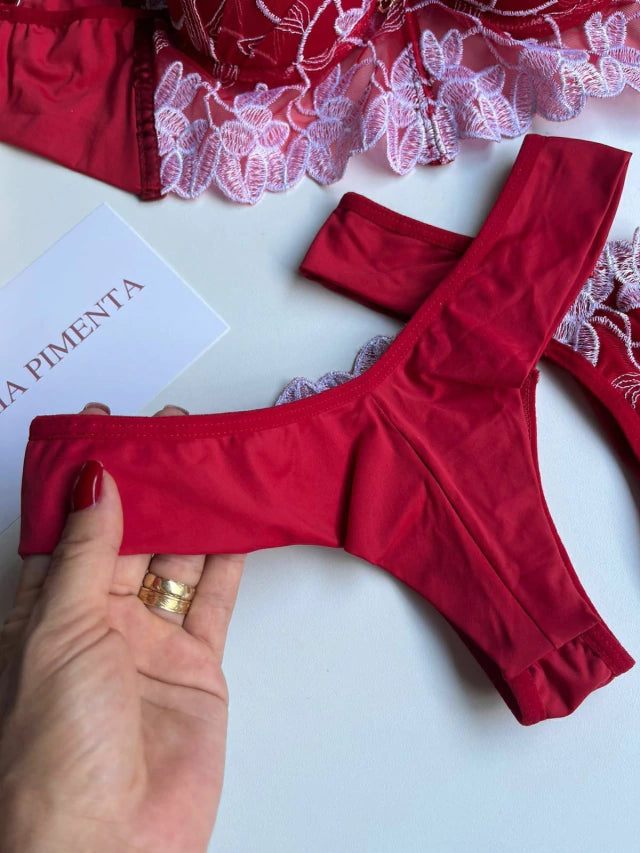CONJUNTO DE LINGERIE CROPED VERMELHO/BRANCO