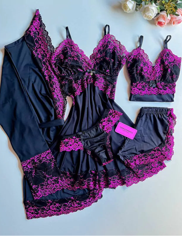 CONJUNTO ESPECIAL ROBE, CAMISOLA E BABY DOLL PRETO/PINK