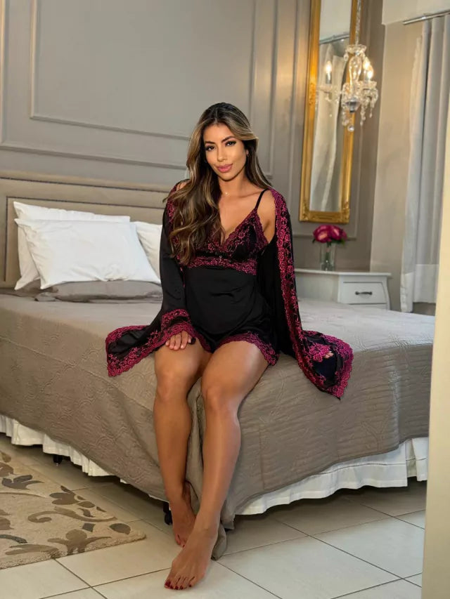 CONJUNTO ROBE CAMISOLA E CALCINHA PRETO/INVEJA