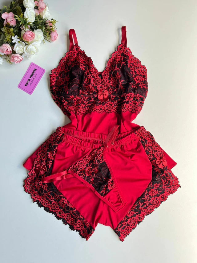 BABY DOLL COM CALCINHA FIO VERMELHO/PRETO