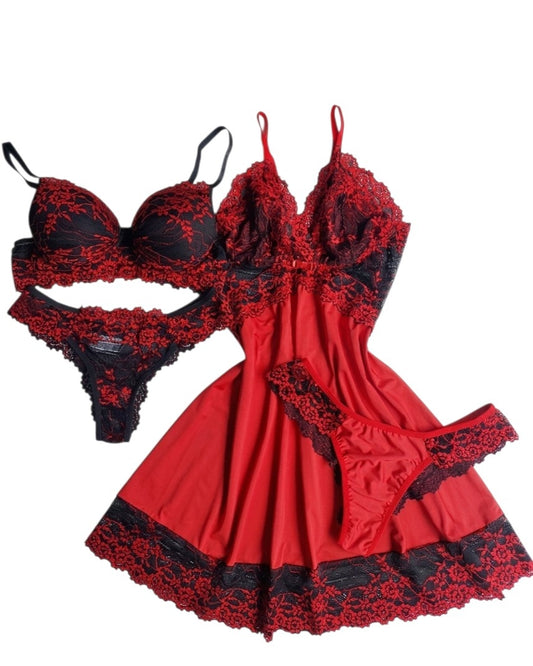 CAMISOLA LUXO E CONJUNTO DE LINGERIE PRETO/VERMELHO
