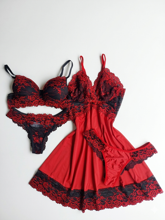CAMISOLA LUXO E CONJUNTO DE LINGERIE PRETO/VERMELHO