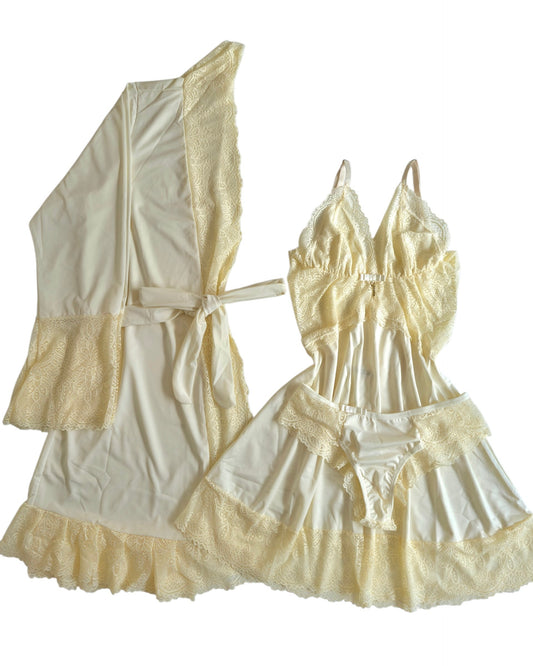 CONJUNTO ROBE CAMISOLA E CALCINHA MARFIM