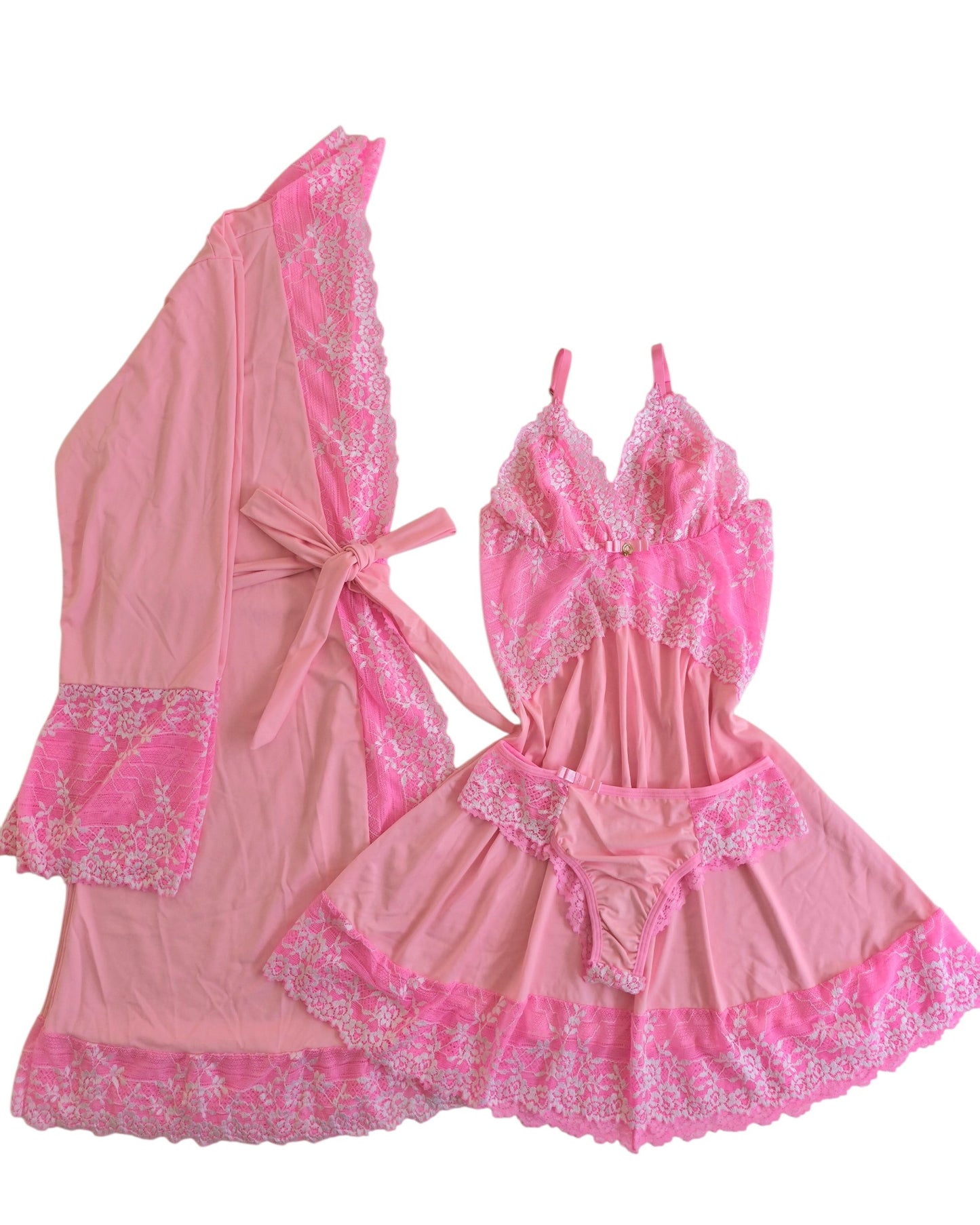 CONJUNTO ROBE CAMISOLA E CALCINHA ROSA/BRANCO