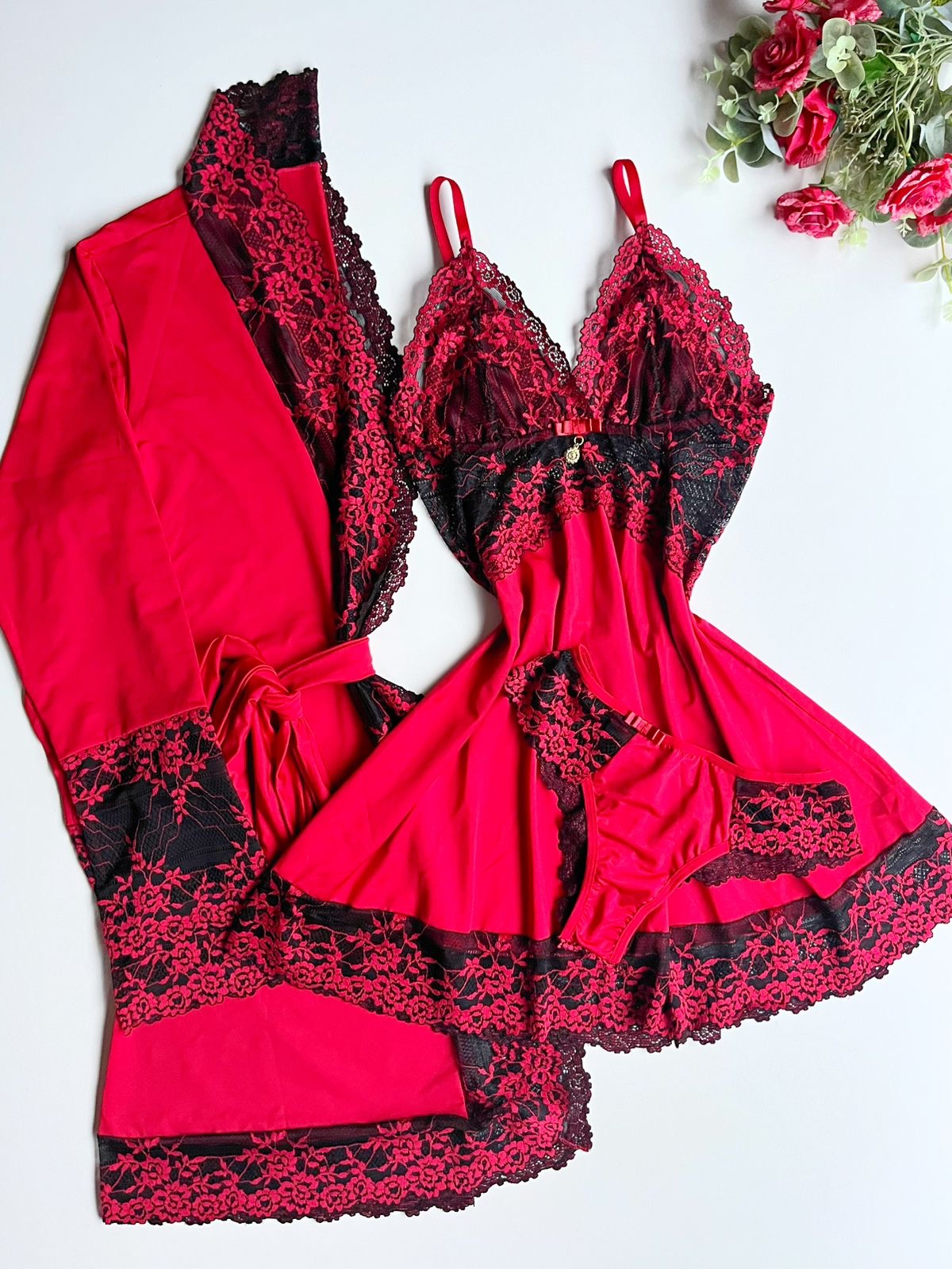CONJUNTO ROBE CAMISOLA E CALCINHA VERMELHO/PRETO