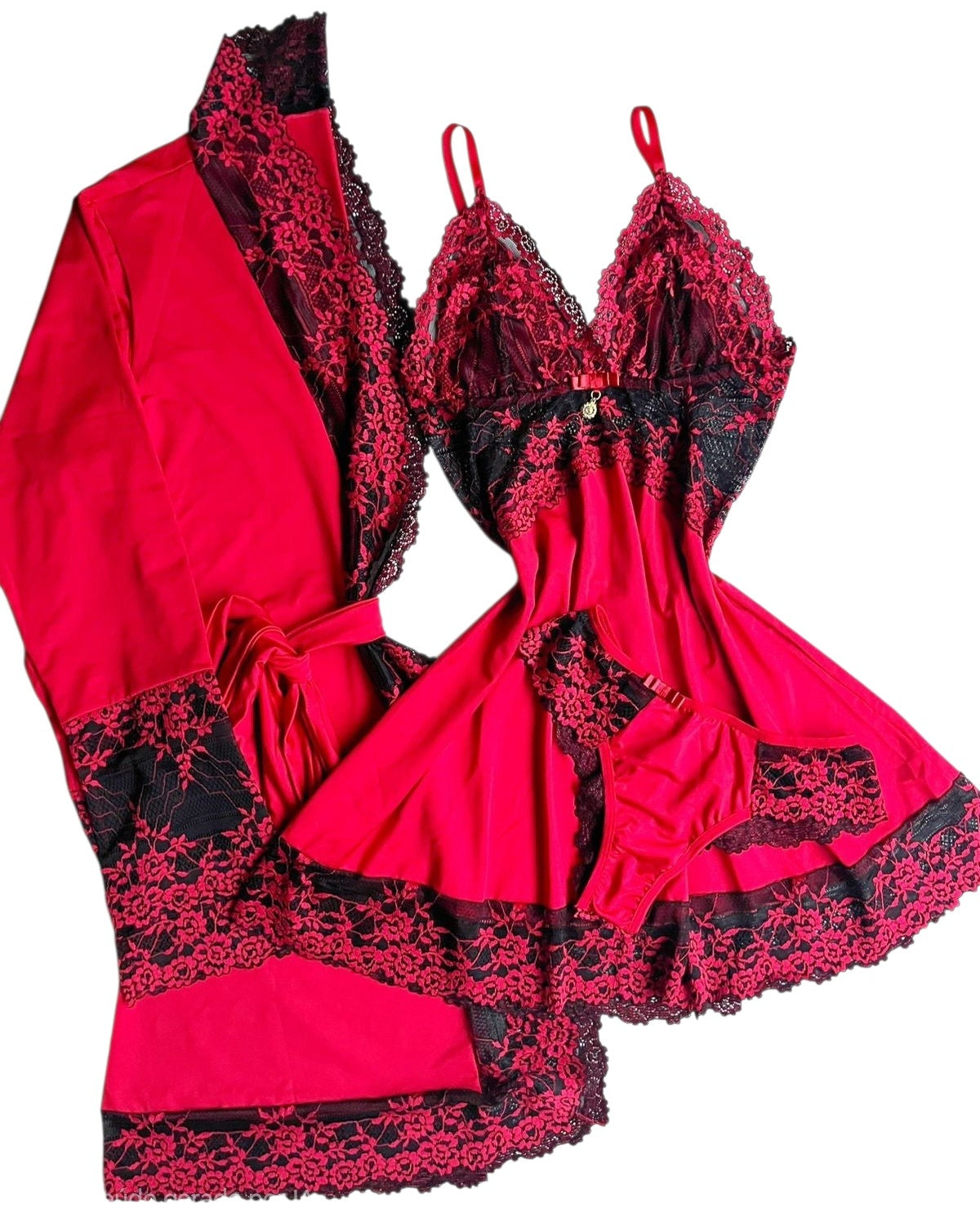 CONJUNTO ROBE CAMISOLA E CALCINHA VERMELHO/PRETO