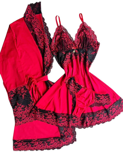 CONJUNTO ROBE CAMISOLA E CALCINHA VERMELHO/PRETO