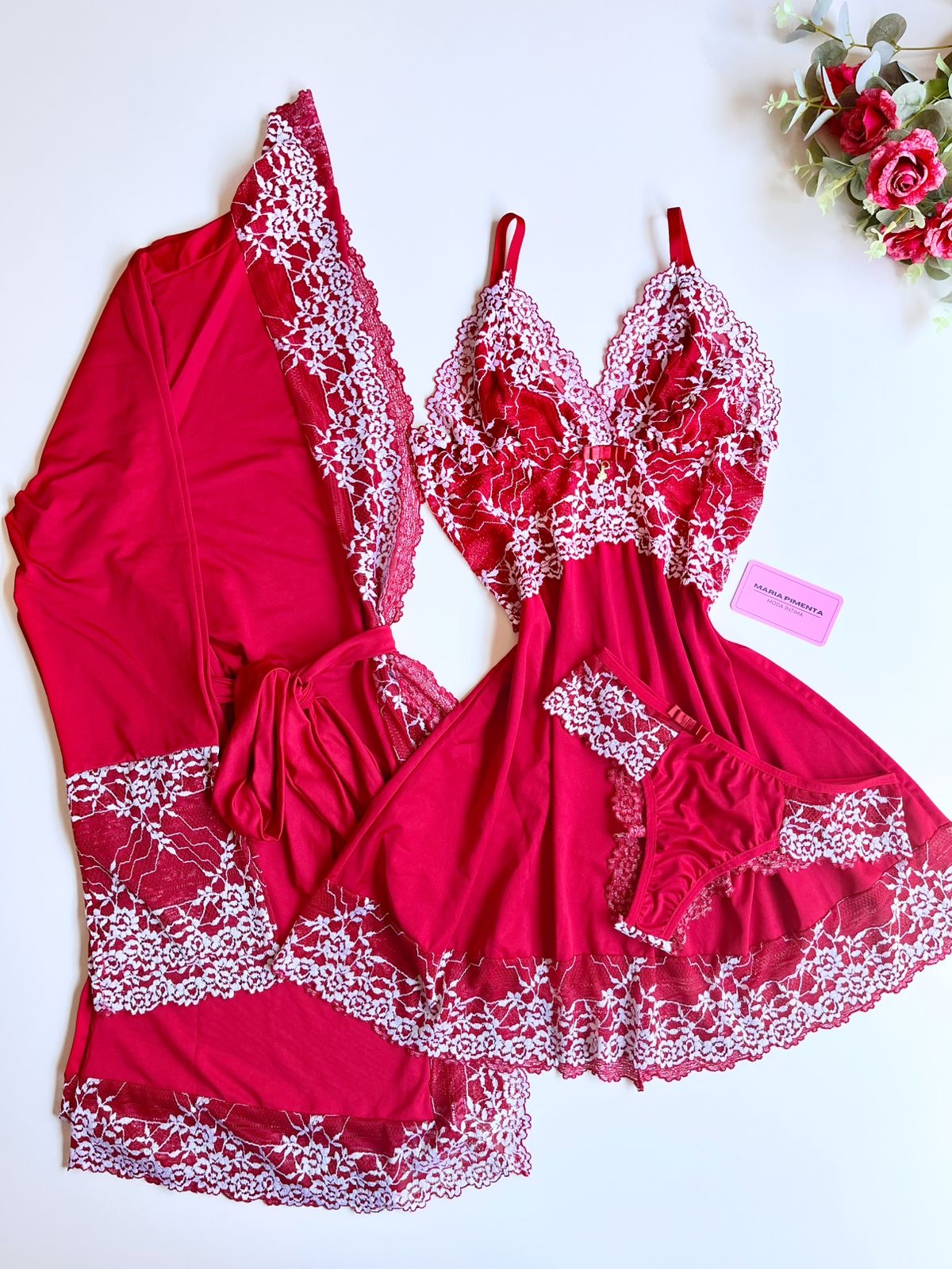 CONJUNTO ROBE E CAMISOLA VERMELHO/BRANCO