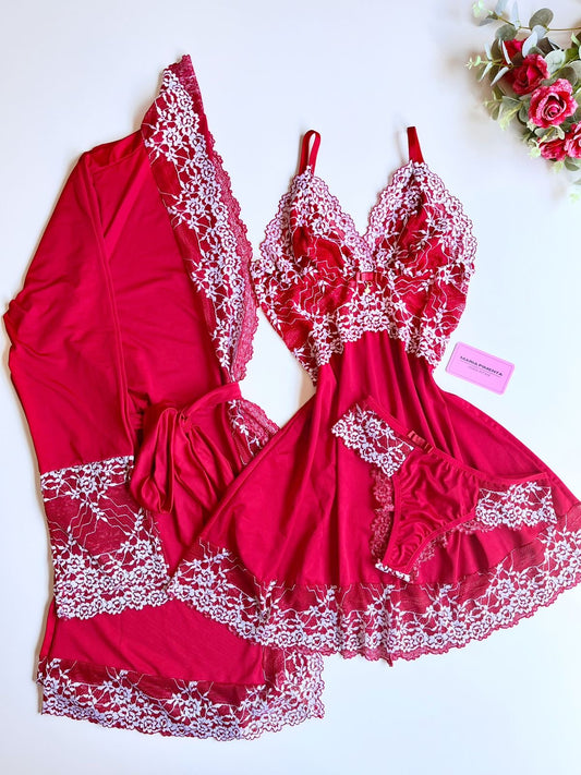 CONJUNTO ROBE E CAMISOLA VERMELHO/BRANCO