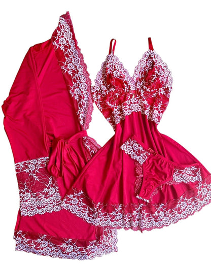CONJUNTO ROBE E CAMISOLA VERMELHO/BRANCO