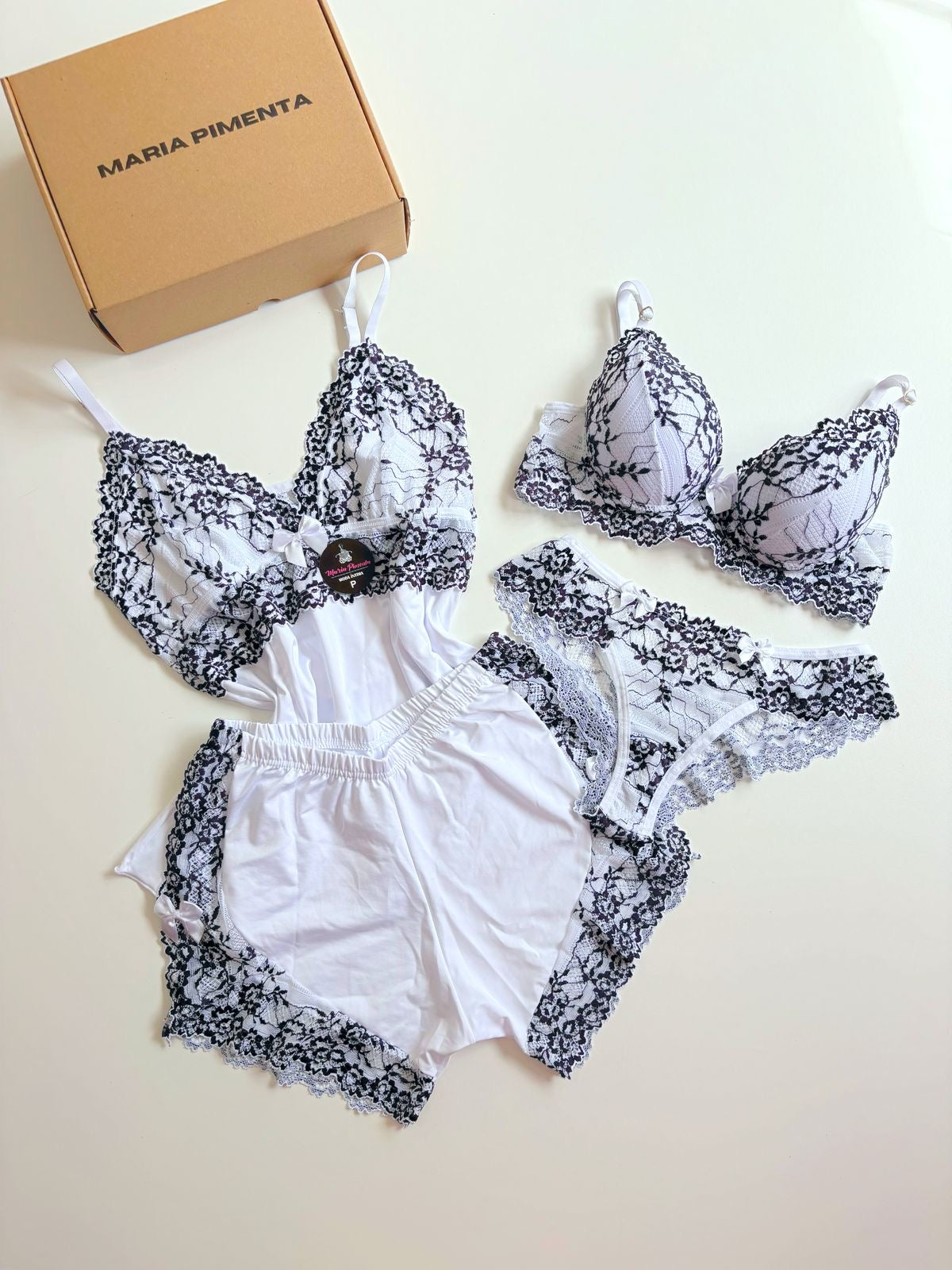 COMBO BABY DOLL E LINGERIE BRANCO/PRETO