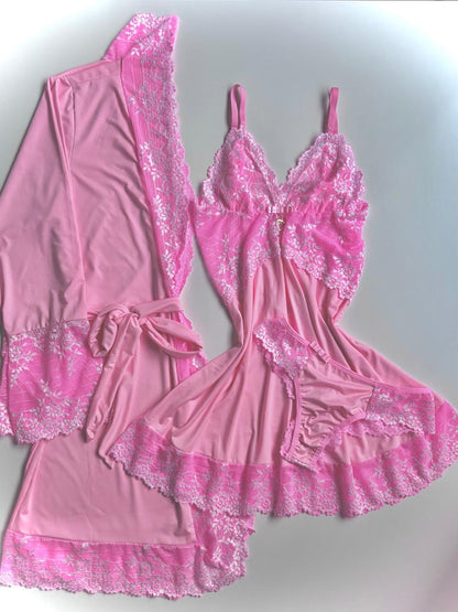 CONJUNTO ROBE CAMISOLA E CALCINHA ROSA/BRANCO