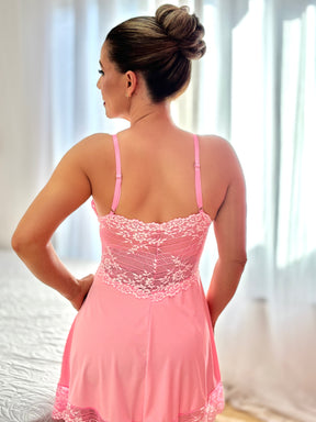 CONJUNTO ROBE CAMISOLA E CALCINHA ROSA/BRANCO