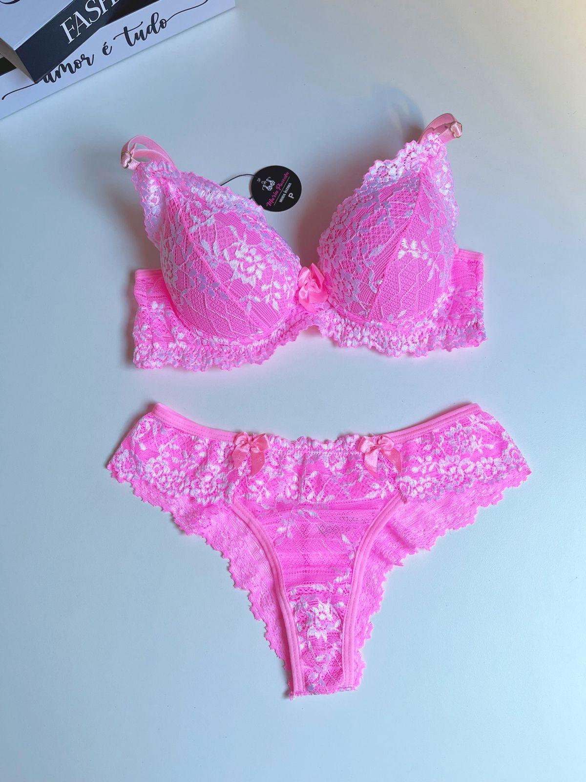 CONJUNTO RENDA BICOLOR ROSA/BRANCO