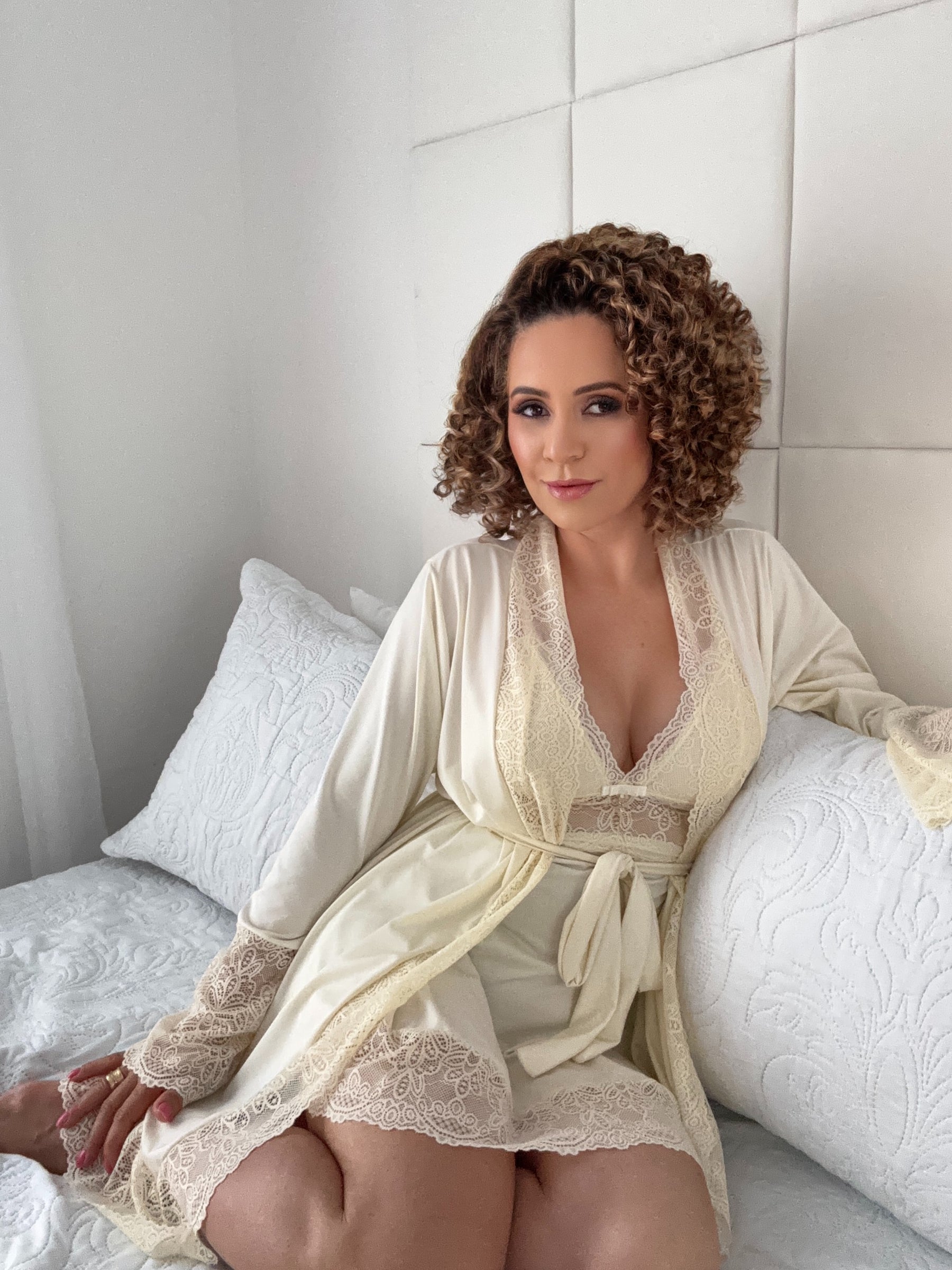 CONJUNTO ROBE CAMISOLA E CALCINHA MARFIM