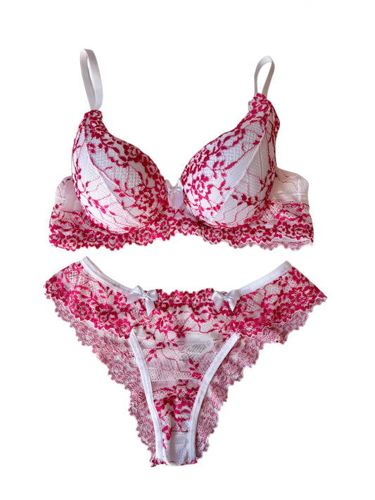 CONJUNTO RENDA BICOLOR BRANCO/PINK