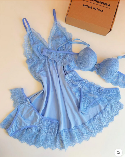 CAMISOLA LUXO E CONJUNTO DE LINGERIE AZUL