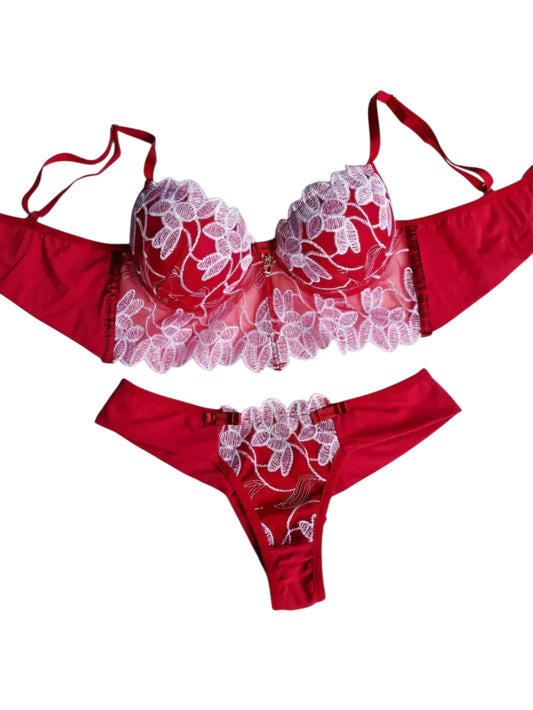 CONJUNTO DE LINGERIE CROPED VERMELHO/BRANCO