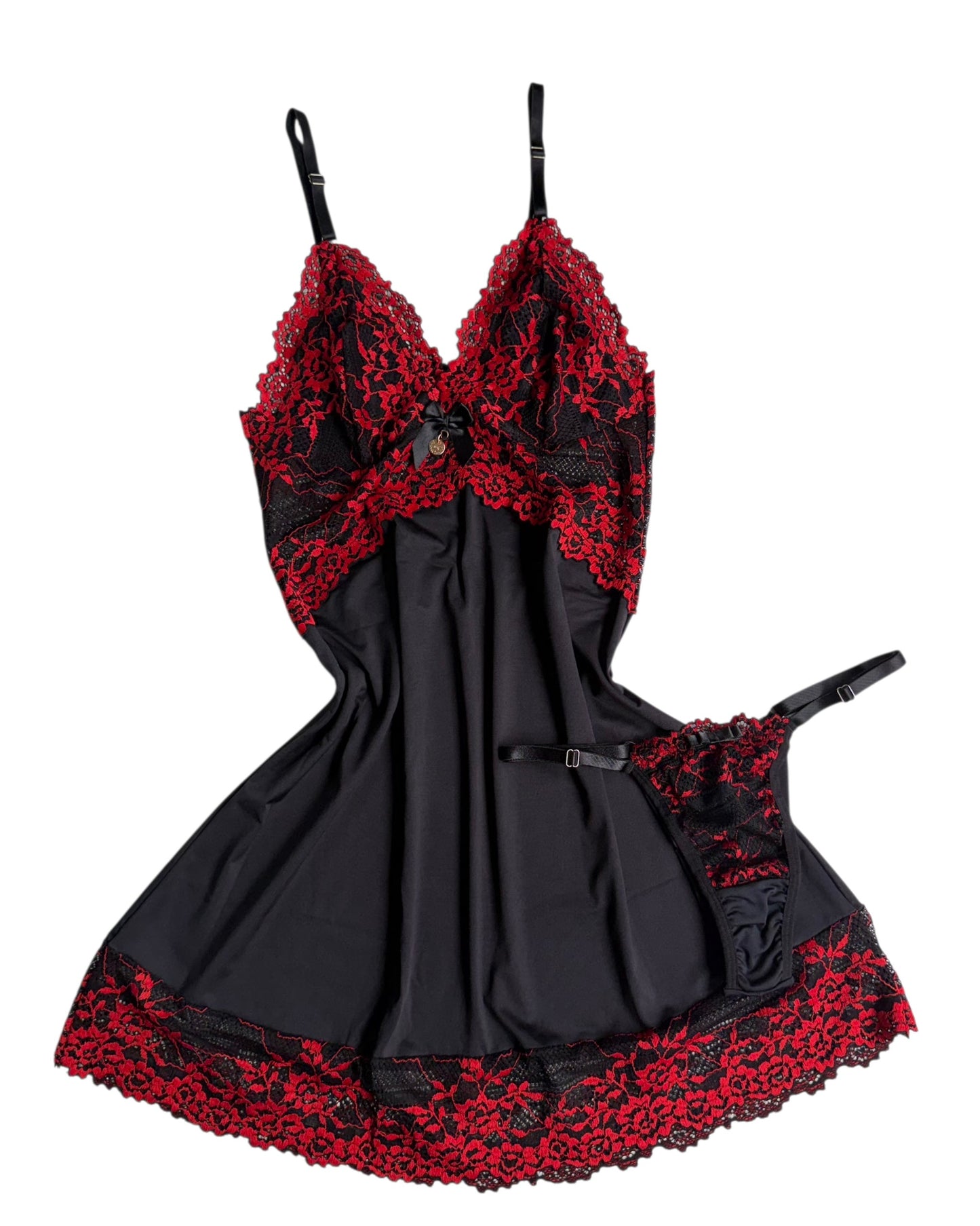 CAMISOLA PRETO/VERMELHO COM CALCINHA FIO
