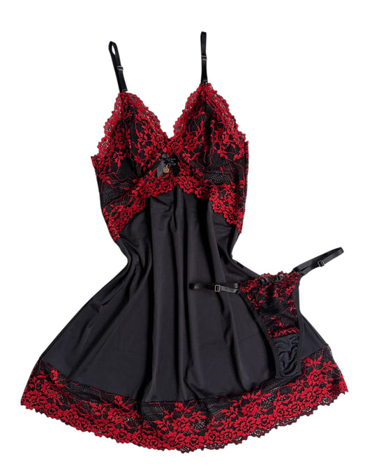 CAMISOLA PRETO/VERMELHO COM CALCINHA FIO