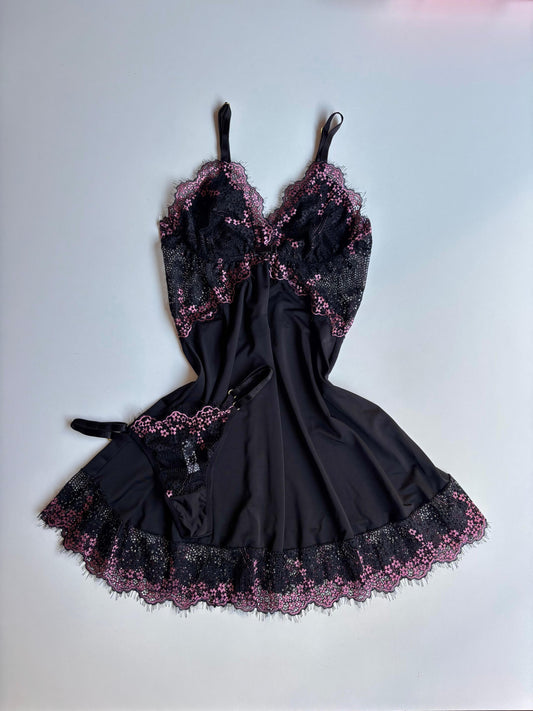 CAMISOLA PRETO/ROSÉ COM CALCINHA FIO DE REGULAGEM