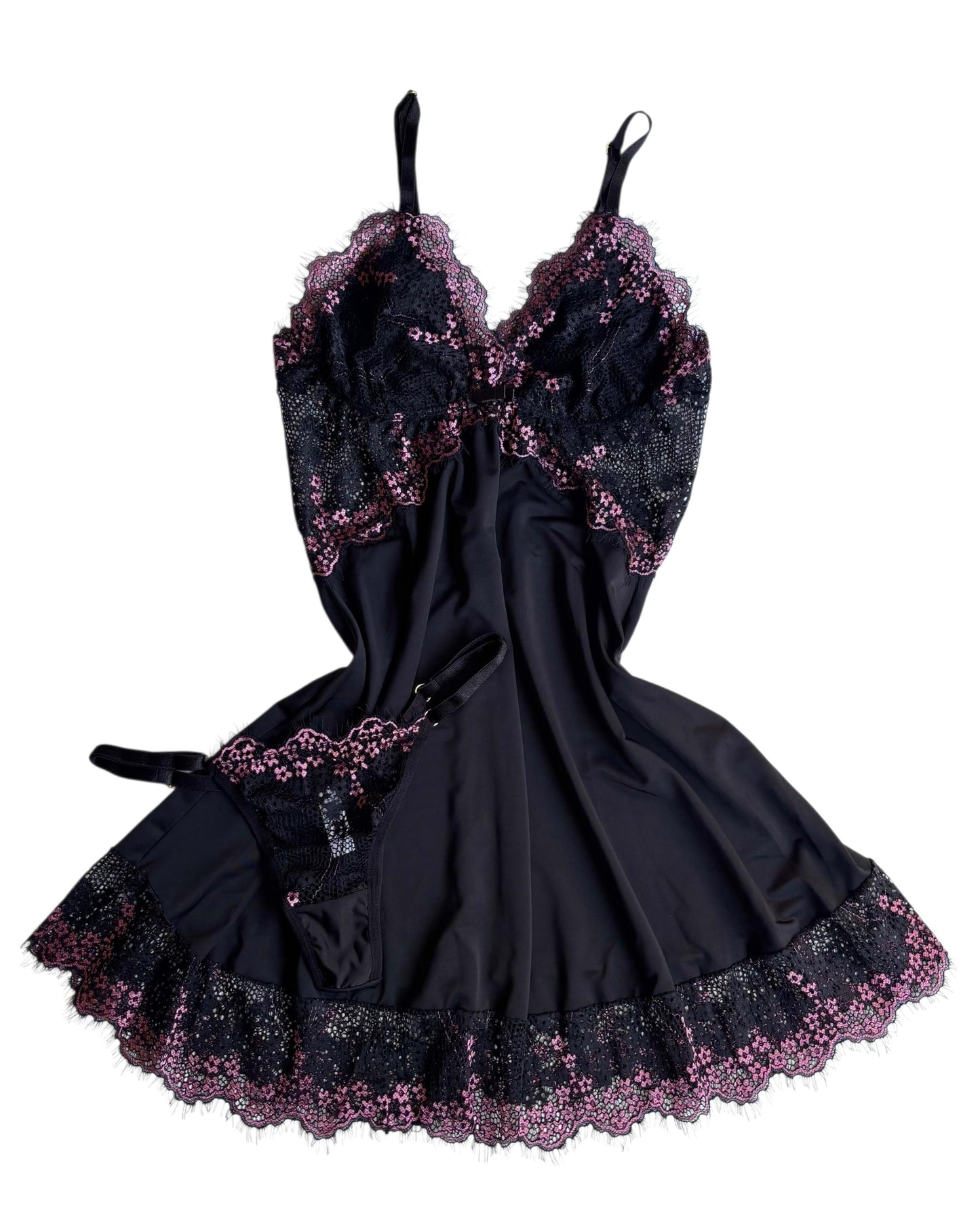 CAMISOLA PRETO/ROSÉ COM CALCINHA FIO DE REGULAGEM