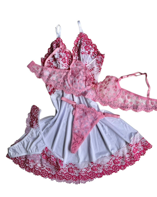 CAMISOLA BRANCO/PINK E CONJUNTO DE LINGERIE CORAÇÕES ROSA