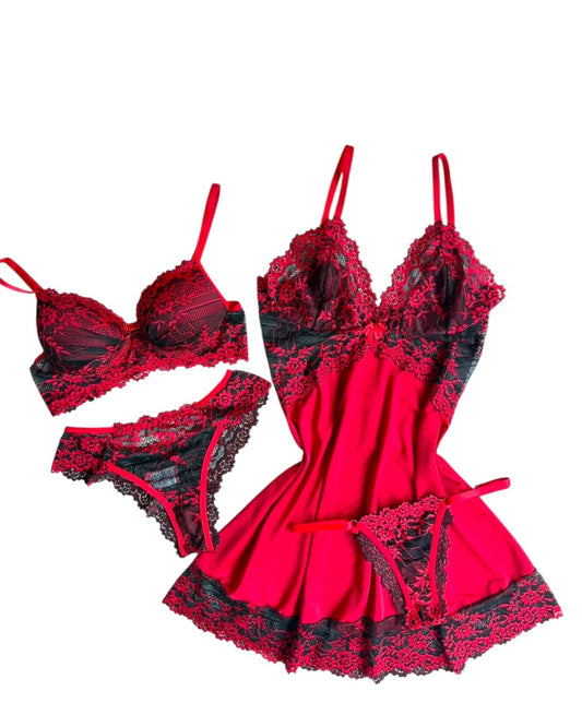 CAMISOLA COM CALCINHA FIO E CONJUNTO DE LINGERIE VERMELHO/PRETO