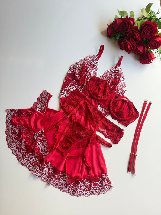 CAMISOLA VERMELHO/BRANCO E CONJUNTO DE LINGERIE JASMINE VERMELHO