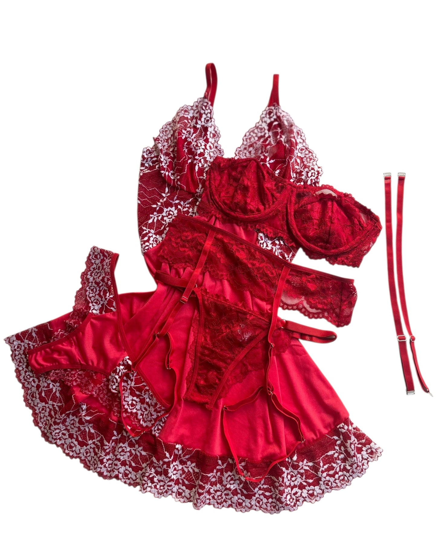 CAMISOLA VERMELHO/BRANCO E CONJUNTO DE LINGERIE JASMINE VERMELHO
