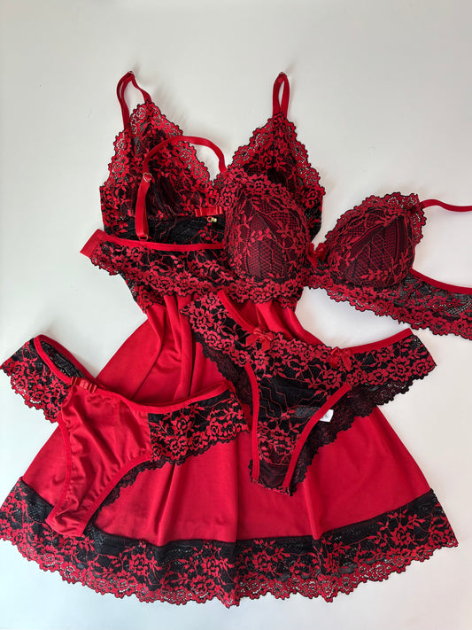 CAMISOLA LUXO E CONJUNTO DE LINGERIE VERMELHO/PRETO