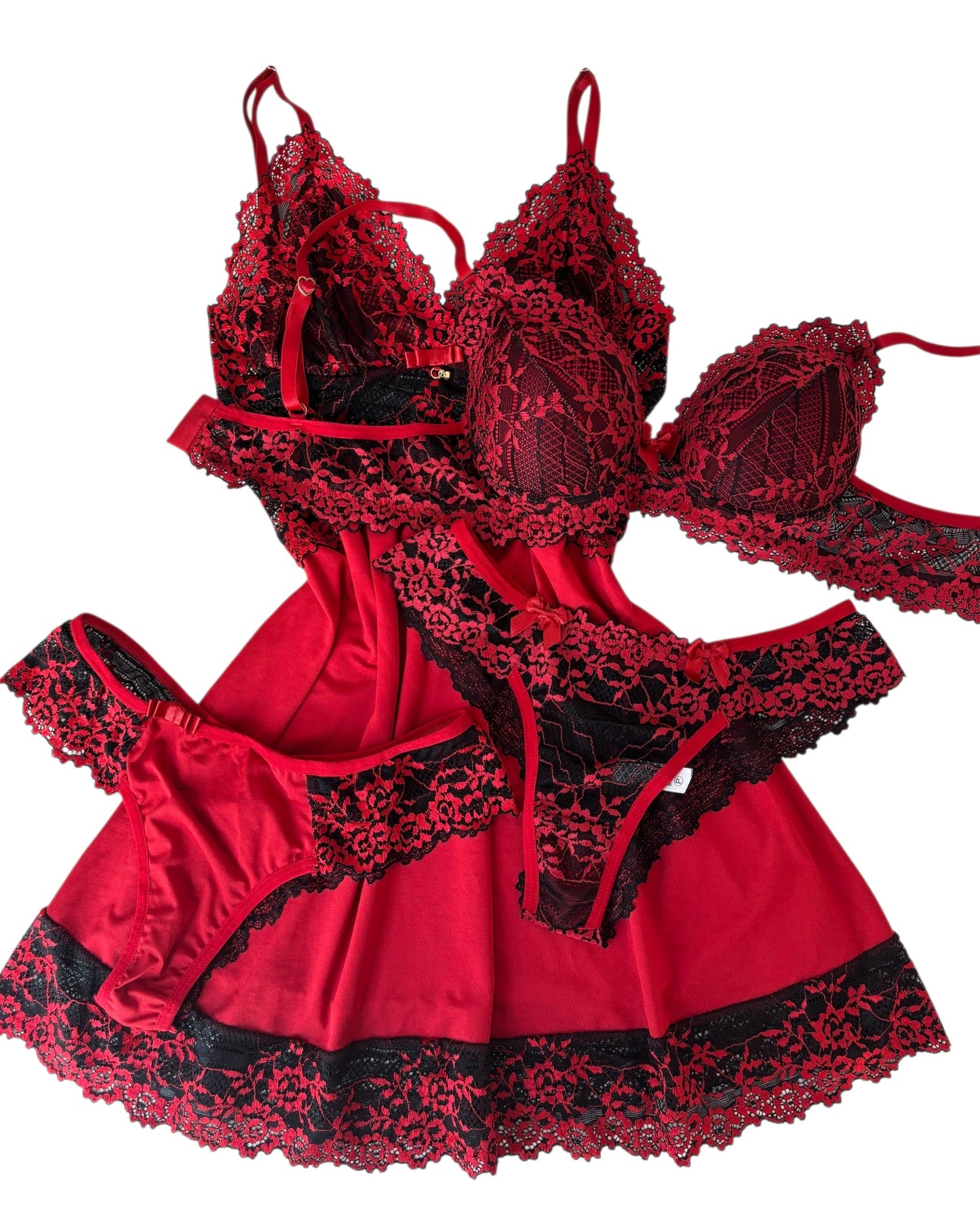 CAMISOLA LUXO E CONJUNTO DE LINGERIE VERMELHO/PRETO