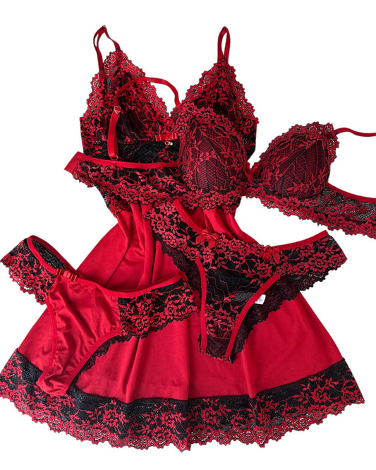 CAMISOLA LUXO E CONJUNTO DE LINGERIE VERMELHO/PRETO